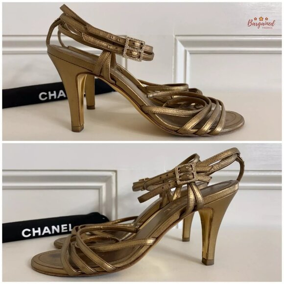 Authentic CHANEL Gold Metallic Leather CC Logo Ankle Strap High Heel Pumps 36.5 - Picture 8 of 13